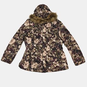 New York & Company Floral Camo Adjustable Waist Puffer Jacket Size L Outdoor